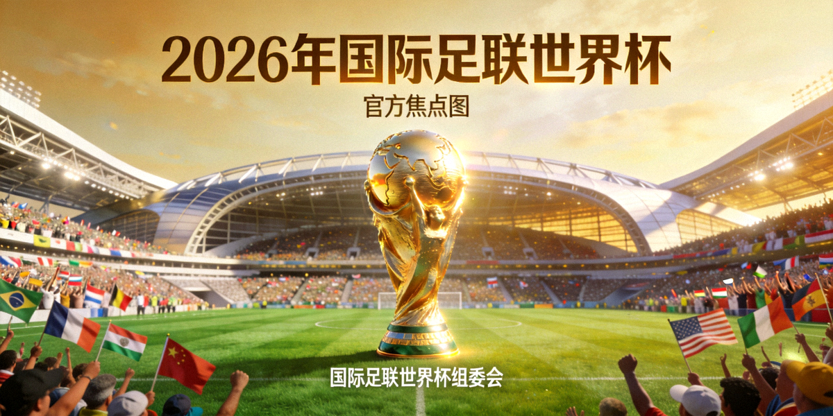 2026年国际足联世界杯官方焦点图，展示大力神杯与主体育场全景，绿茵场与球迷氛围浓厚