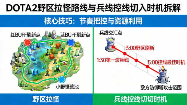DOTA2 野区拉怪路线与兵线控线切入时机拆解示意图