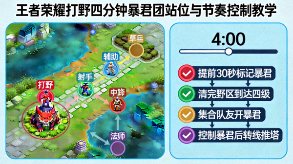 王者荣耀打野四分钟暴君团站位与节奏控制教学示意图