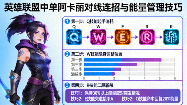 英雄联盟中单阿卡丽对线连招与能量管理技巧教学示意图